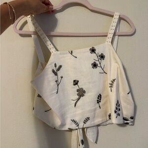 Zara White Embroidered Floral Tie-Back Crop Top